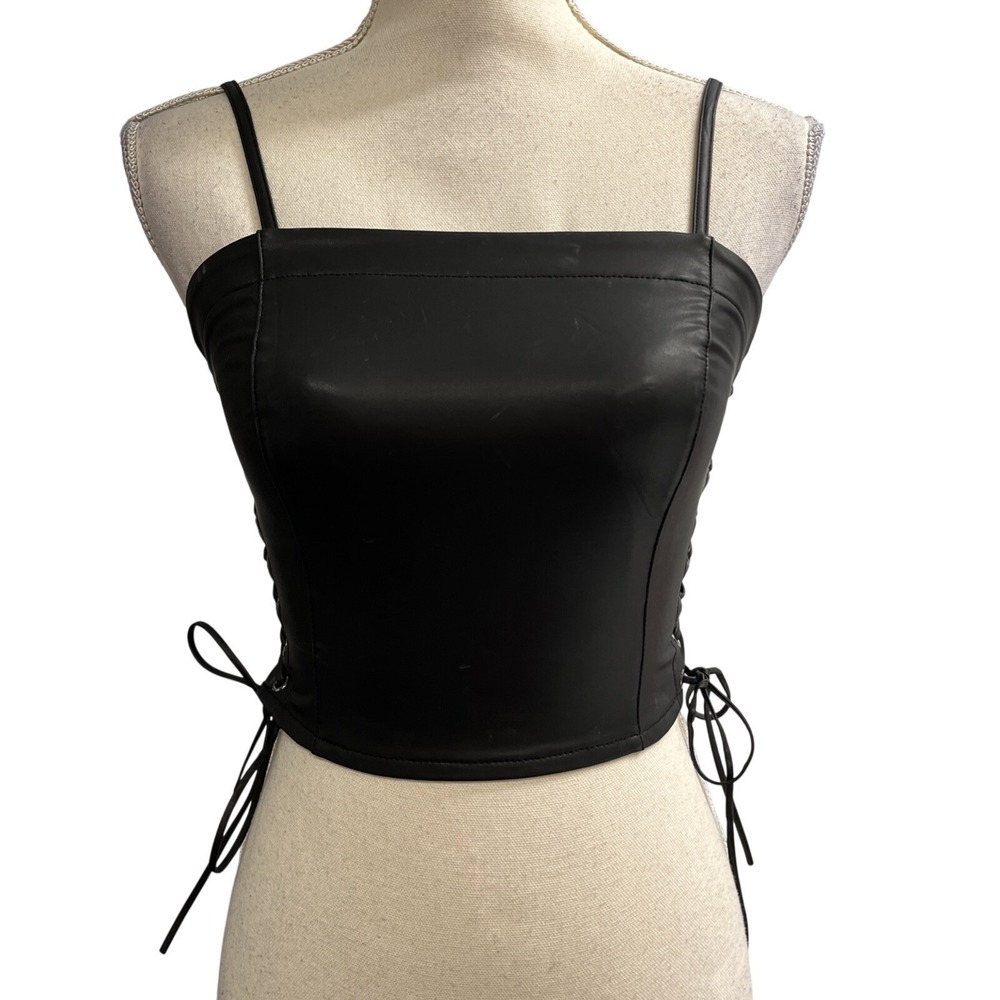 Akira Y2K‎ Crop Top Black Faux Leather Lace Up Sides Size S Biker Grunge Goth